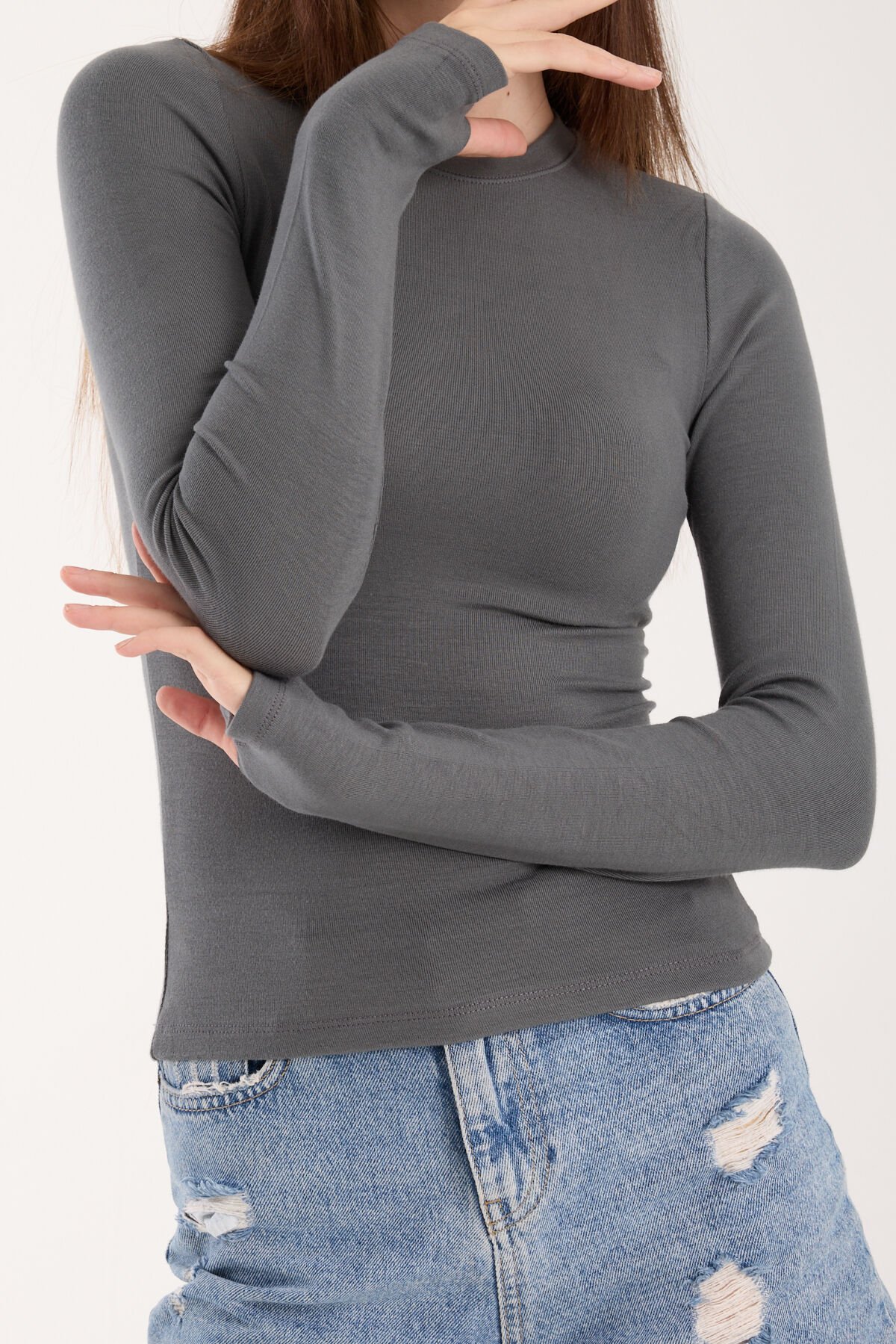 PARMAK GEÇMELİ UZUN KOLLU BODY - UZUN KOL BODY BİSİKLET YAKA LİKRALI S - GRİ