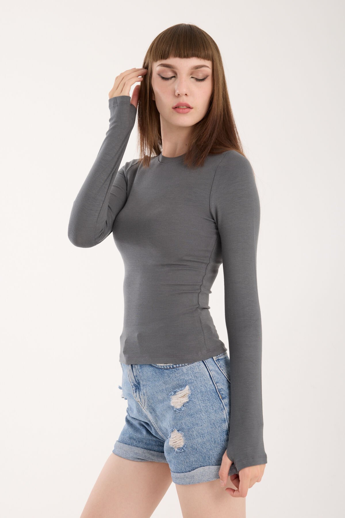 PARMAK GEÇMELİ UZUN KOLLU BODY - UZUN KOL BODY BİSİKLET YAKA LİKRALI S - GRİ