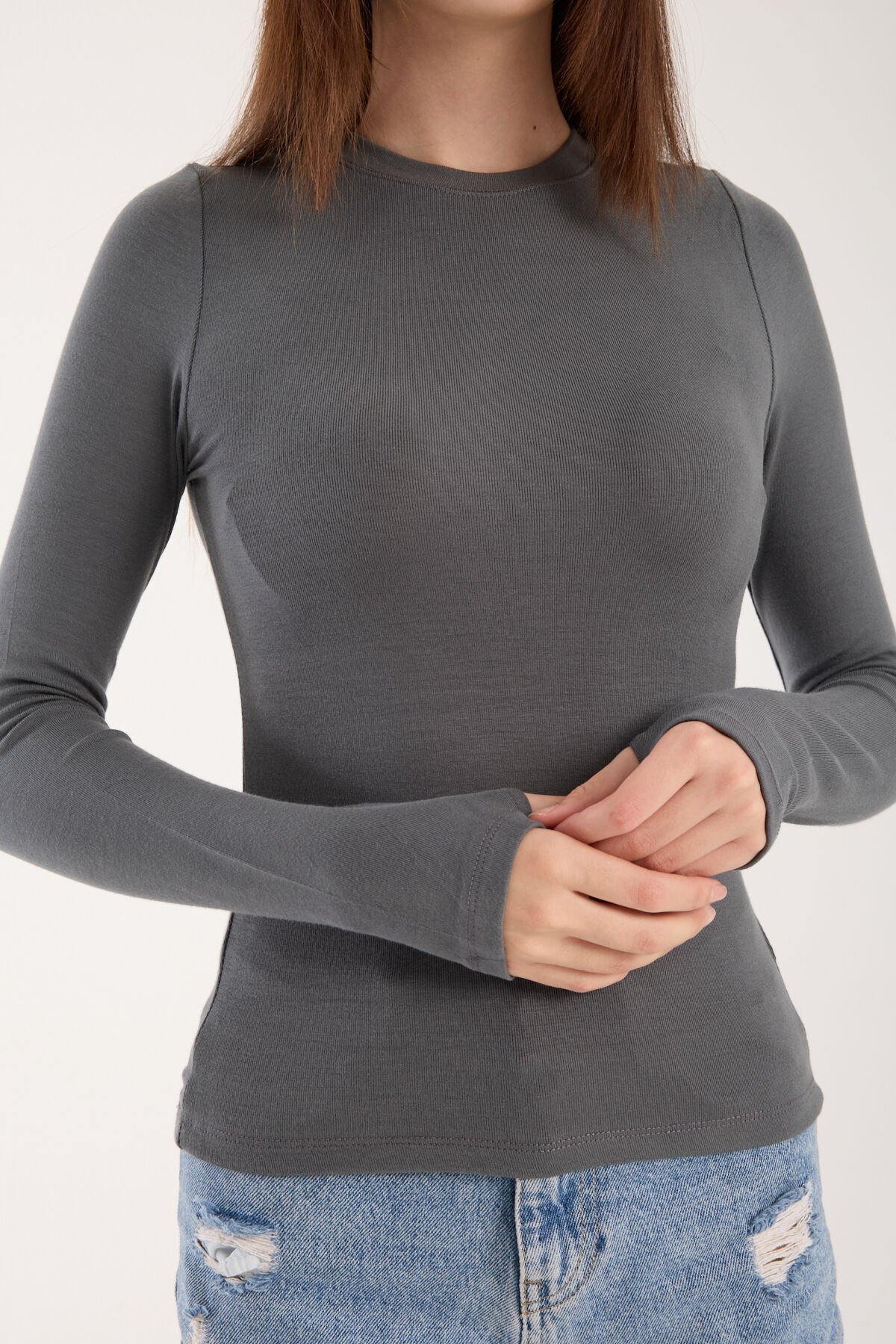 PARMAK GEÇMELİ UZUN KOLLU BODY - UZUN KOL BODY BİSİKLET YAKA LİKRALI S - GRİ