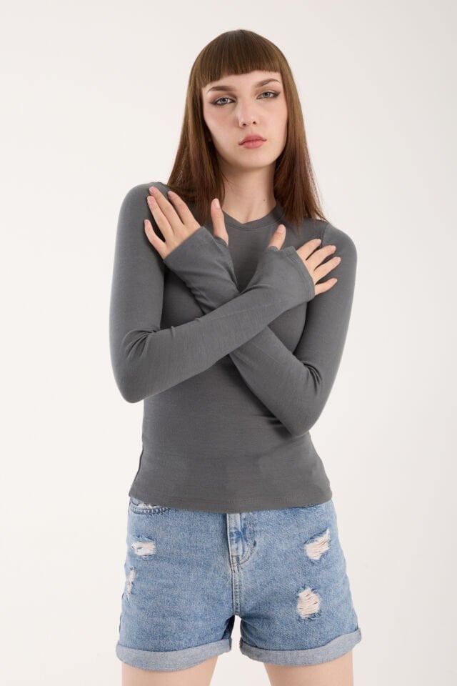 PARMAK GEÇMELİ UZUN KOLLU BODY - UZUN KOL BODY BİSİKLET YAKA LİKRALI XL - GRİ