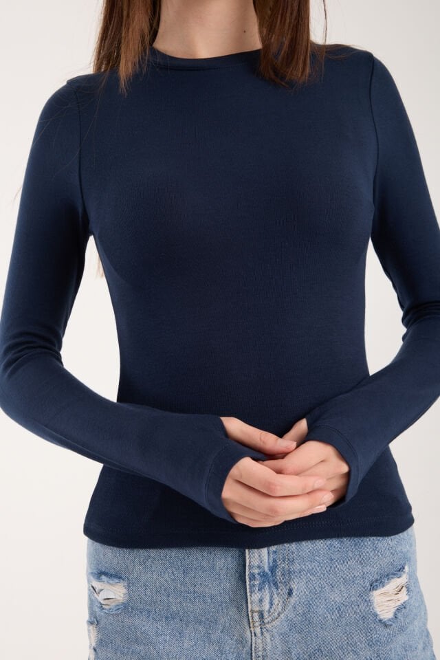 PARMAK GEÇMELİ UZUN KOLLU BODY - UZUN KOL BODY BİSİKLET YAKA LİKRALI XL - SİYAH