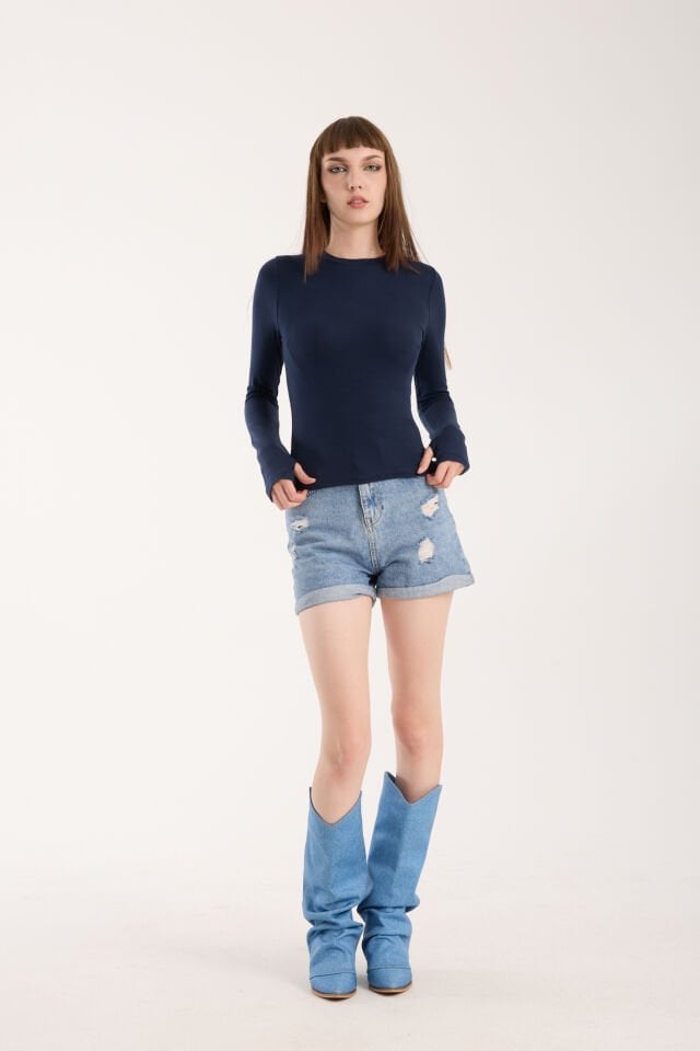 PARMAK GEÇMELİ UZUN KOLLU BODY - UZUN KOL BODY BİSİKLET YAKA LİKRALI XL - LACİVERT