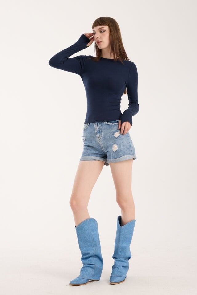 PARMAK GEÇMELİ UZUN KOLLU BODY - UZUN KOL BODY BİSİKLET YAKA LİKRALI XL - LACİVERT
