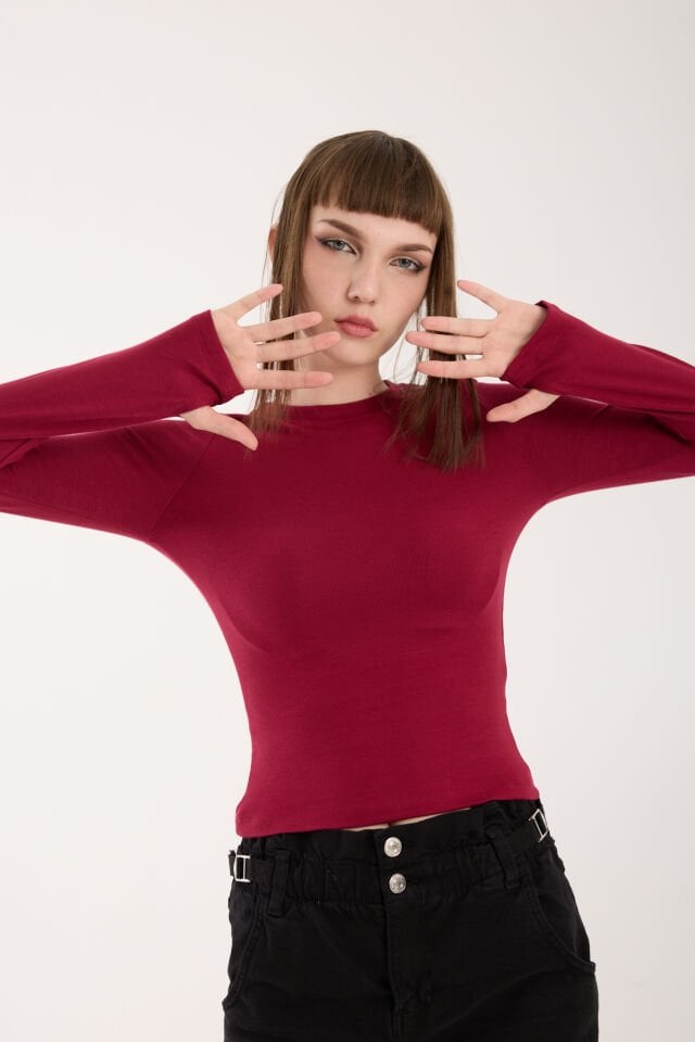 PARMAK GEÇMELİ UZUN KOLLU BODY - UZUN KOL BODY BİSİKLET YAKA LİKRALI XL - BORDO