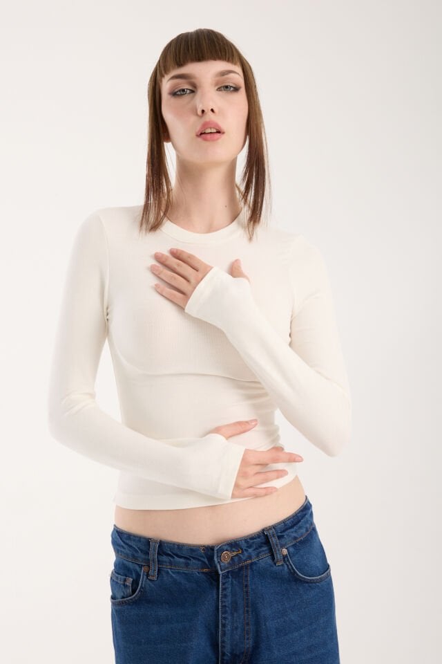 PARMAK GEÇMELİ UZUN KOLLU BODY - UZUN KOL BODY BİSİKLET YAKA LİKRALI XL - KIRIK BEYAZ