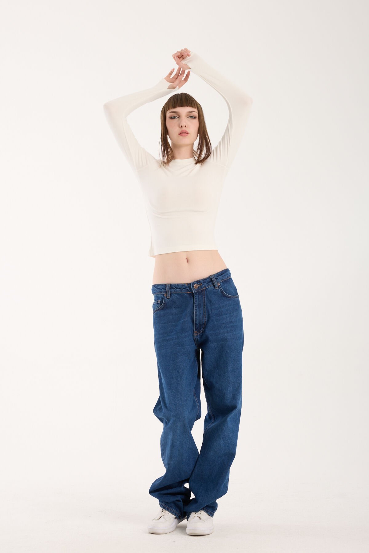 PARMAK GEÇMELİ UZUN KOLLU BODY - UZUN KOL BODY BİSİKLET YAKA LİKRALI XL - KIRIK BEYAZ