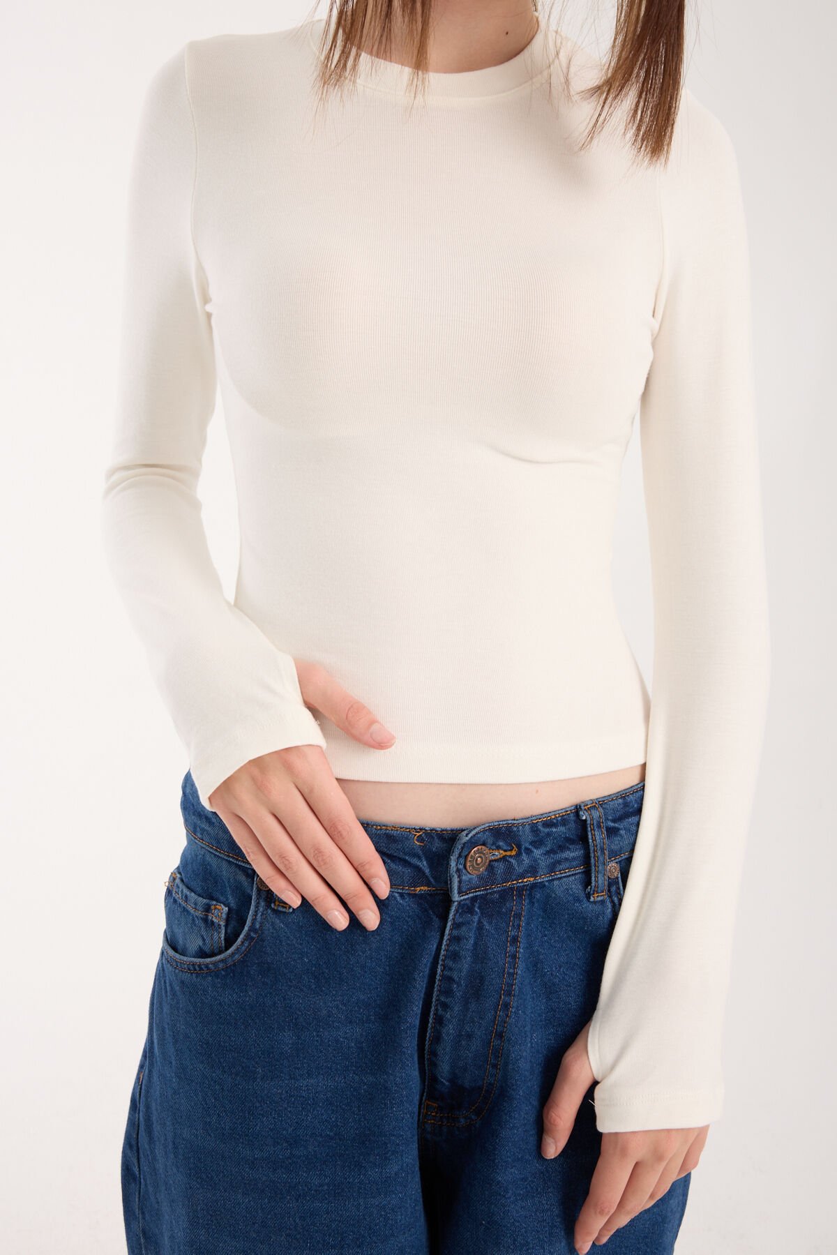 PARMAK GEÇMELİ UZUN KOLLU BODY - UZUN KOL BODY BİSİKLET YAKA LİKRALI XL - KIRIK BEYAZ