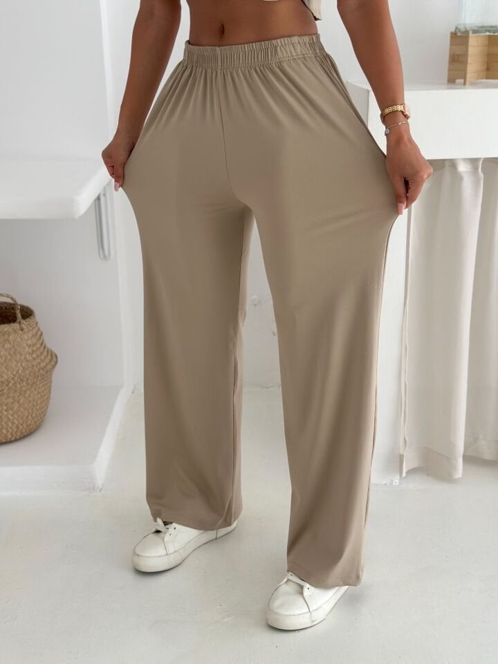 YAZLIK YUMUŞACIK DOKULU ALT ÜST TAKIM / ÜST YARASA TSHİRT- ALT BAGGY UZUN PANTOLON XL - BEJ