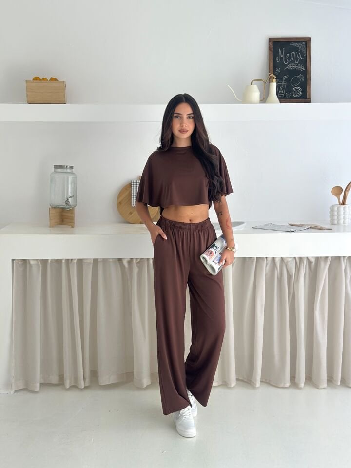YAZLIK YUMUŞACIK DOKULU ALT ÜST TAKIM / ÜST YARASA TSHİRT- ALT BAGGY UZUN PANTOLON XL - KAHVERENGİ