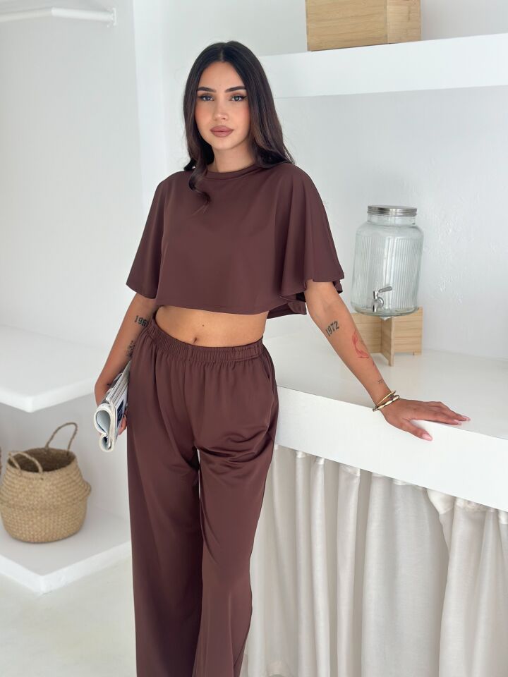 YAZLIK YUMUŞACIK DOKULU ALT ÜST TAKIM / ÜST YARASA TSHİRT- ALT BAGGY UZUN PANTOLON XL - KAHVERENGİ