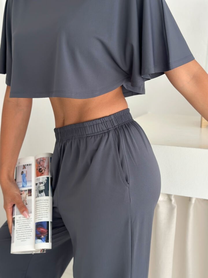 YAZLIK YUMUŞACIK DOKULU ALT ÜST TAKIM / ÜST YARASA TSHİRT- ALT BAGGY UZUN PANTOLON XL - KOYU GRİ