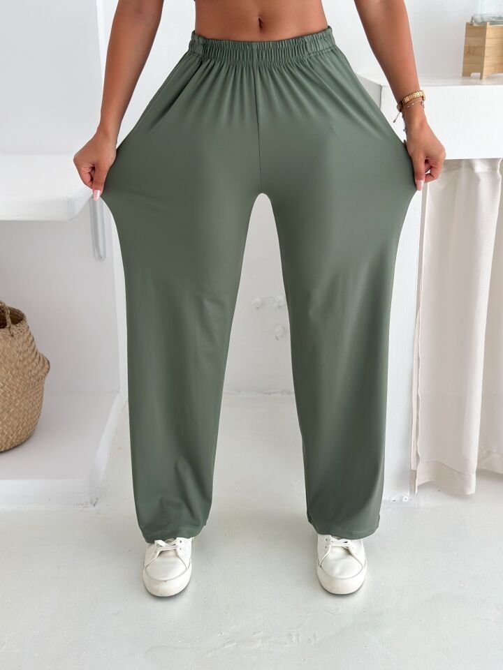 YAZLIK YUMUŞACIK DOKULU ALT ÜST TAKIM / ÜST YARASA TSHİRT- ALT BAGGY UZUN PANTOLON XL - KOYU YEŞİL