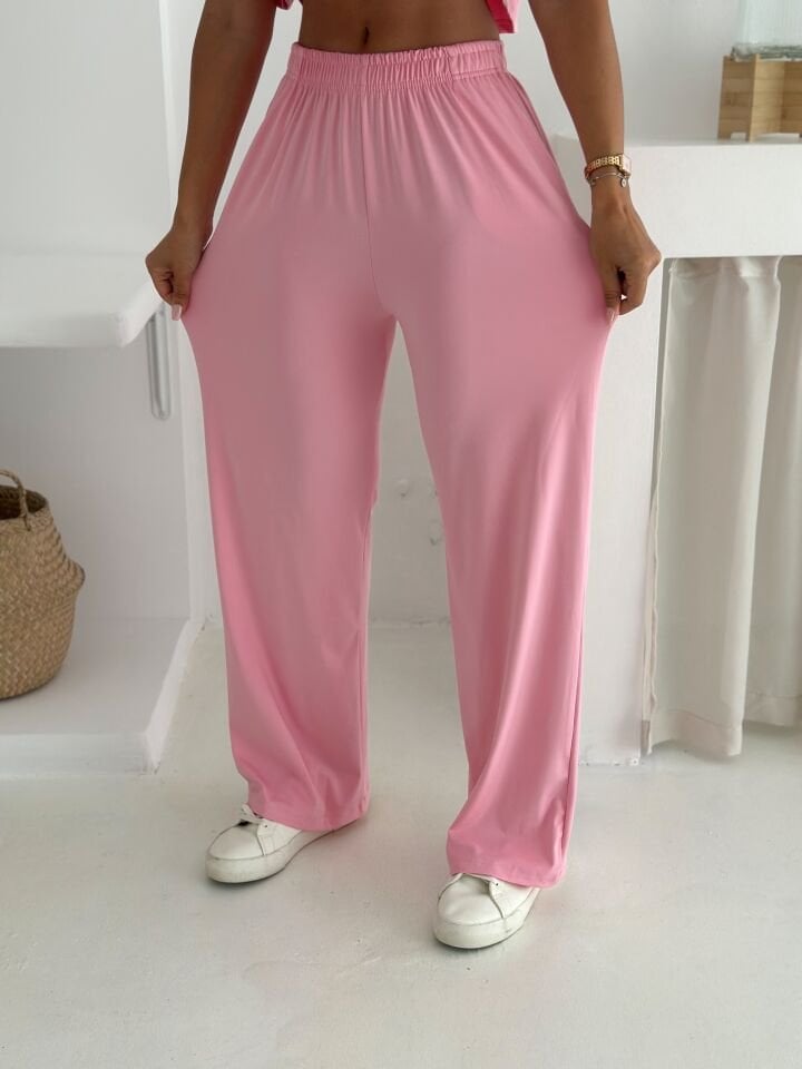 YAZLIK YUMUŞACIK DOKULU ALT ÜST TAKIM / ÜST YARASA TSHİRT- ALT BAGGY UZUN PANTOLON XL - PEMBE