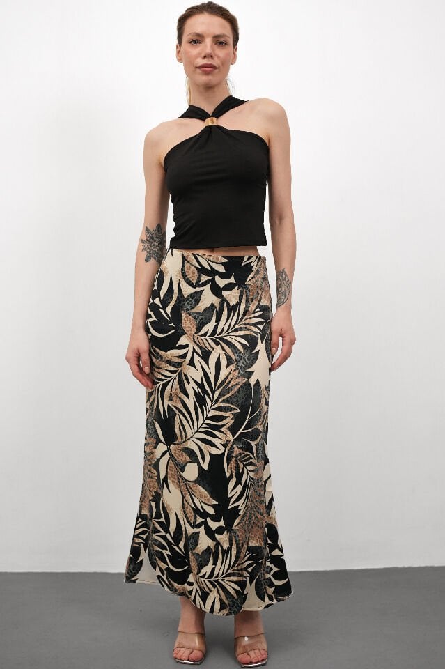 DESENLİ SATEN ETEK - SATEN ETEK - UZUN ETEK / KOD ÇOKRENKLİ XL - KOD-11 YAPRAK DESENLİ