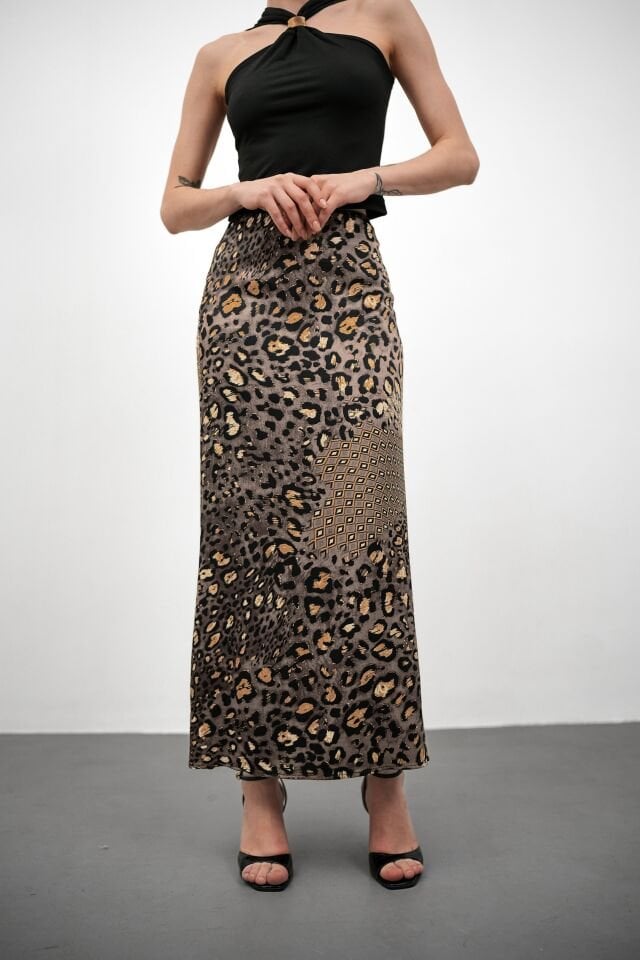 DESENLİ SATEN ETEK - SATEN ETEK - UZUN ETEK / KOD ÇOKRENKLİ XL - KOD-6 GRİ LEOPAR