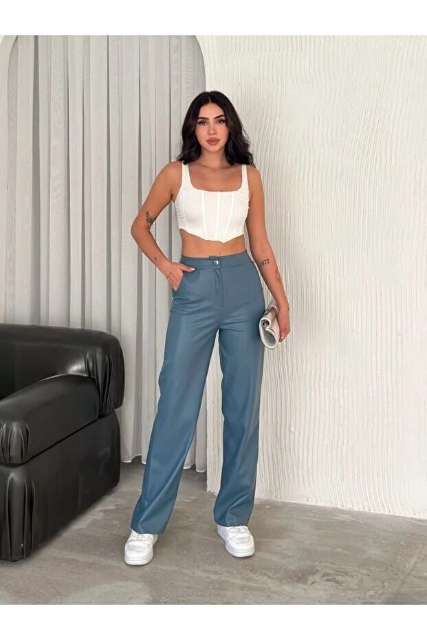 KADIN DERİ PANTOLON CEPLİ /BOL PAÇA DERİ PANTOLON XL - İNDİGO