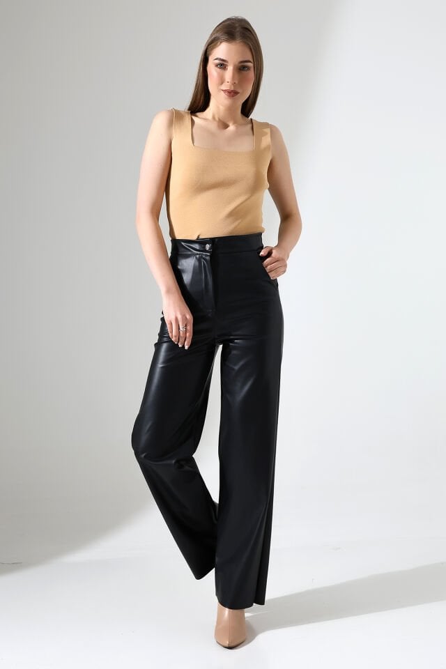 KADIN DERİ PANTOLON CEPLİ /BOL PAÇA DERİ PANTOLON XL - SİYAH