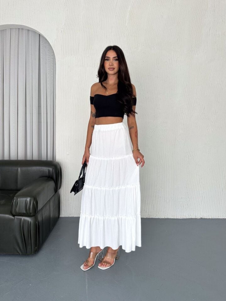 UZUN ETEK FIRFIRLI KAT MODEL / 97 CM TAM BOY MAXİ ETEK XL - BEYAZ