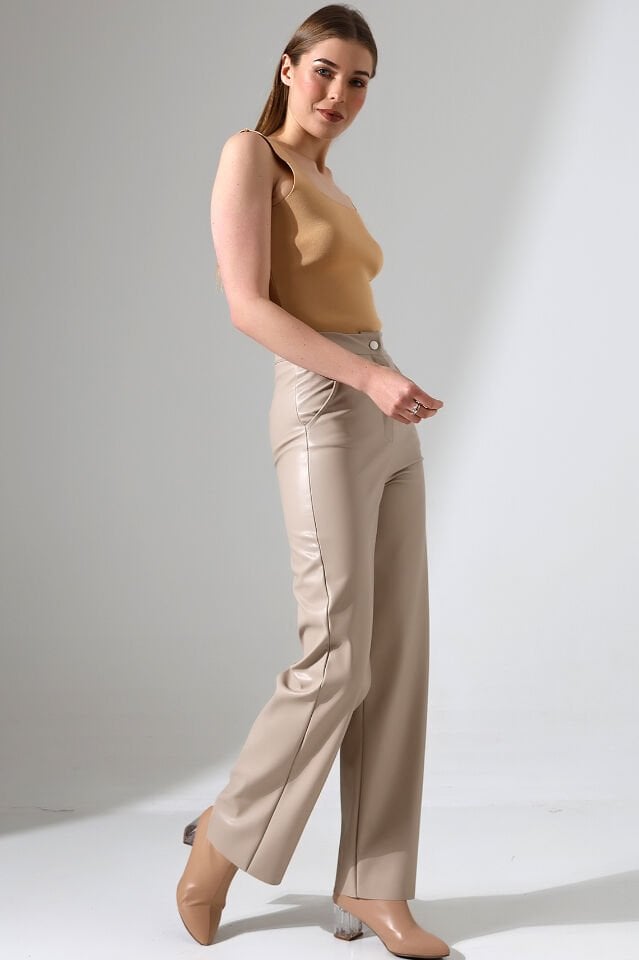 KADIN DERİ PANTOLON CEPLİ /BOL PAÇA DERİ PANTOLON XL - EKRU