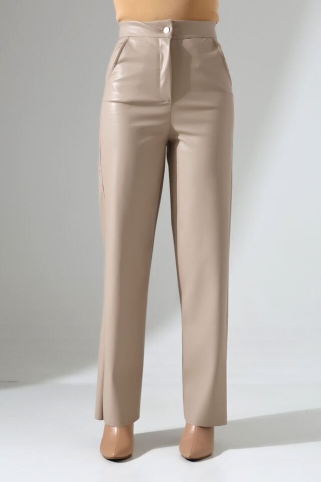 KADIN DERİ PANTOLON CEPLİ /BOL PAÇA DERİ PANTOLON XL - EKRU