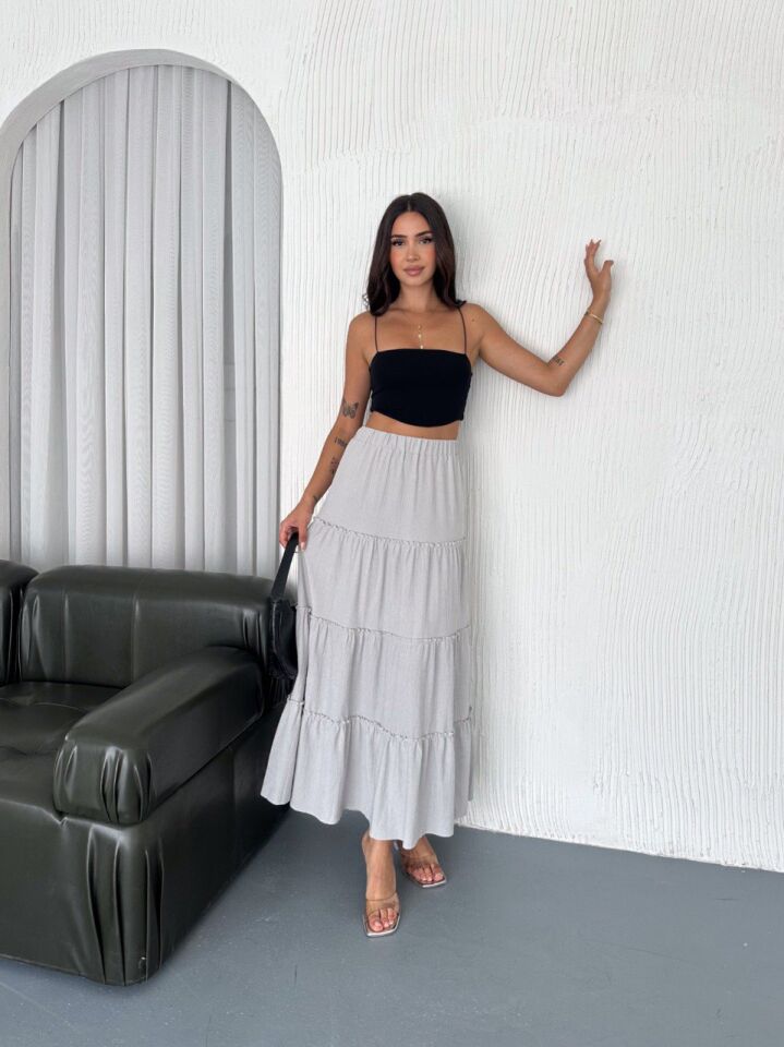 UZUN ETEK FIRFIRLI KAT MODEL / 97 CM TAM BOY MAXİ ETEK XL - GRİ