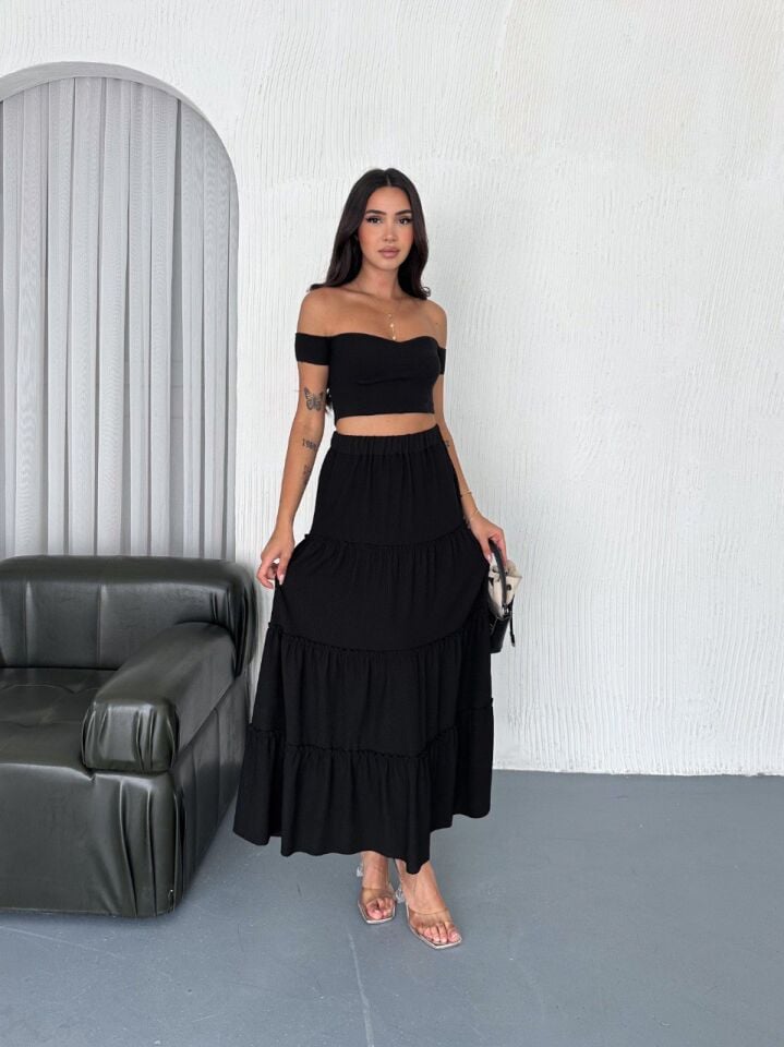 UZUN ETEK FIRFIRLI KAT MODEL / 97 CM TAM BOY MAXİ ETEK S - SİYAH