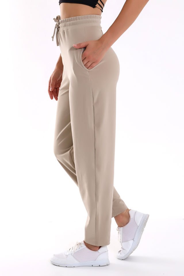 KADIN PANTOLON-EŞOFMAN DÜZ PAÇA / MODAL WOMEN'S TROUSERS-TRACKSUIT WITH WIDE CUT LYCRA XL - BEJ