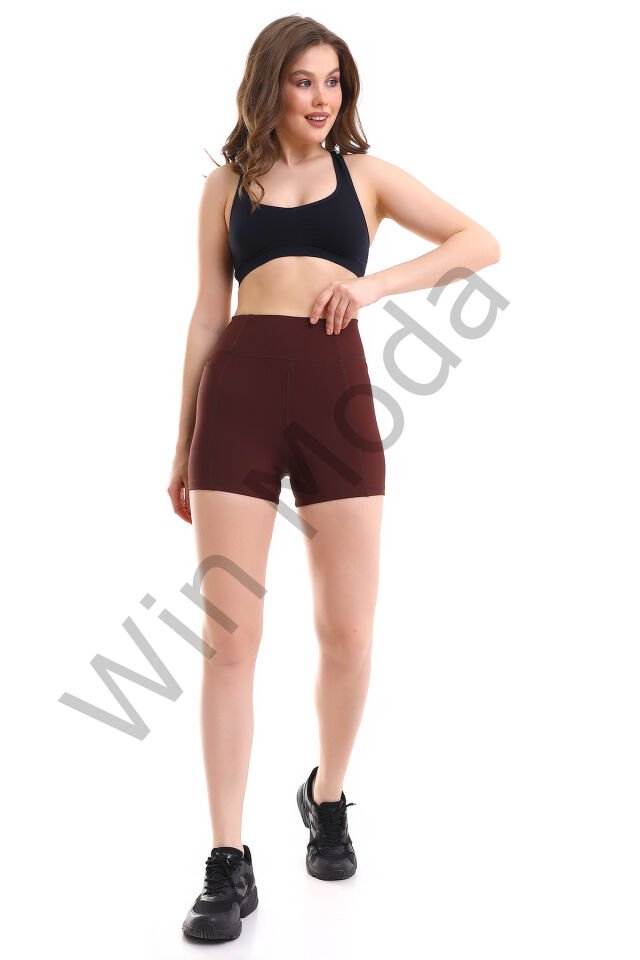 KADIN CEPLİ TAYT ŞORT  KORSE KUMAŞ SIKILAŞTIRICI ŞORT TAYT /SPORTS TIGHTS SHORTS XL - KAHVE