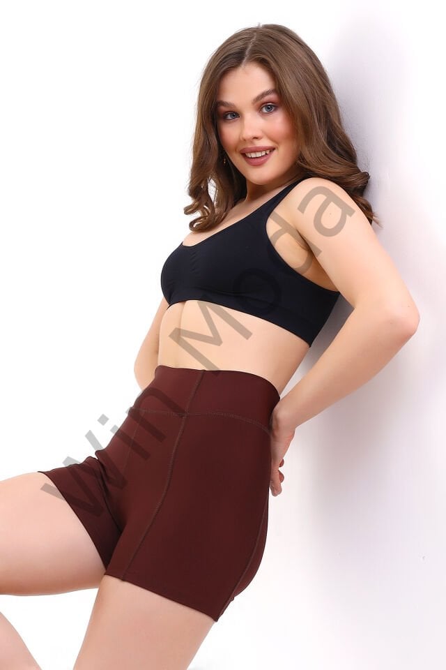 KADIN CEPLİ TAYT ŞORT  KORSE KUMAŞ SIKILAŞTIRICI ŞORT TAYT /SPORTS TIGHTS SHORTS XL - KAHVE