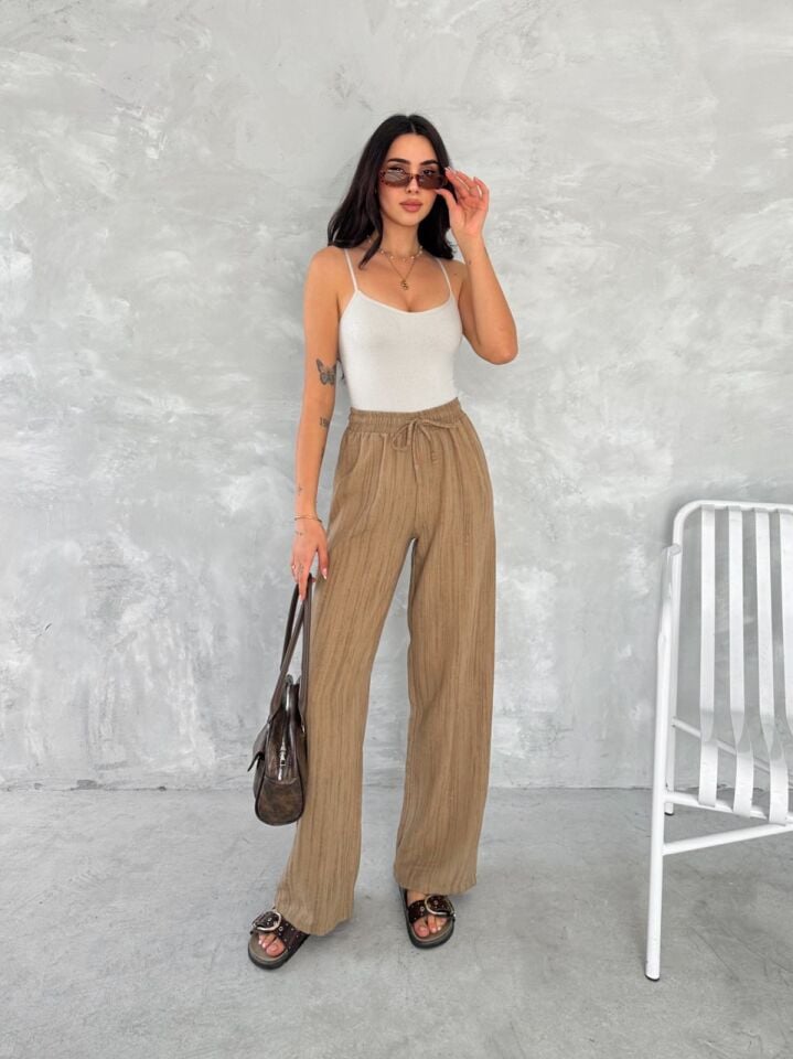 KADIN KETEN PANTOLON - ESKİTME KETEN KUMAŞ - KETEN XL - taba