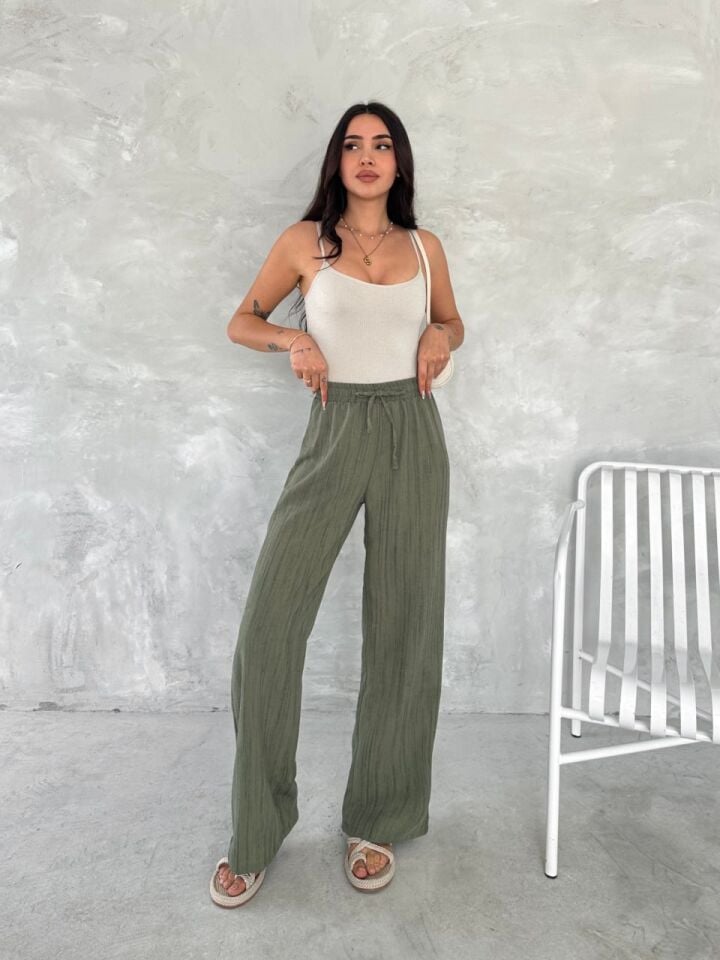 KADIN KETEN PANTOLON - ESKİTME KETEN KUMAŞ - KETEN XL - yeşil