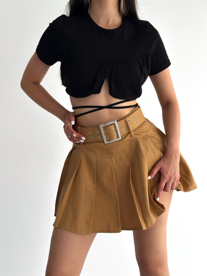 PİLELİ KEMERLİ ETEK İÇDEN ŞORTLU / PLEATED BELTED SKIRT WITH INNER SHORTS M - taba