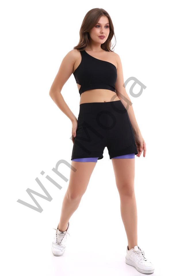 Fileli Taytlı Şort S - LİLA