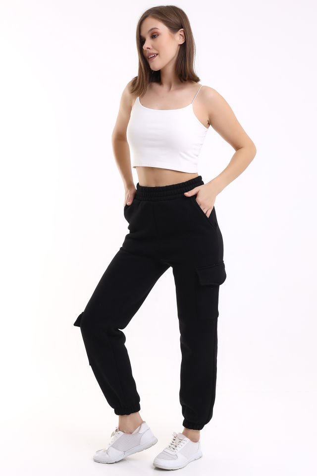 MODERN JOGGER KADIN EŞOFMAN ALTI PAÇA VE YAN KARGO CEPLİ XS - SİYAH