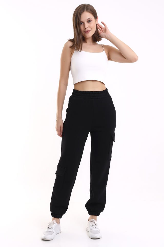 MODERN JOGGER KADIN EŞOFMAN ALTI PAÇA VE YAN KARGO CEPLİ M - SİYAH