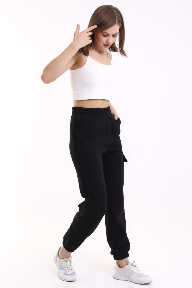 MODERN JOGGER KADIN EŞOFMAN ALTI PAÇA VE YAN KARGO CEPLİ M - SİYAH