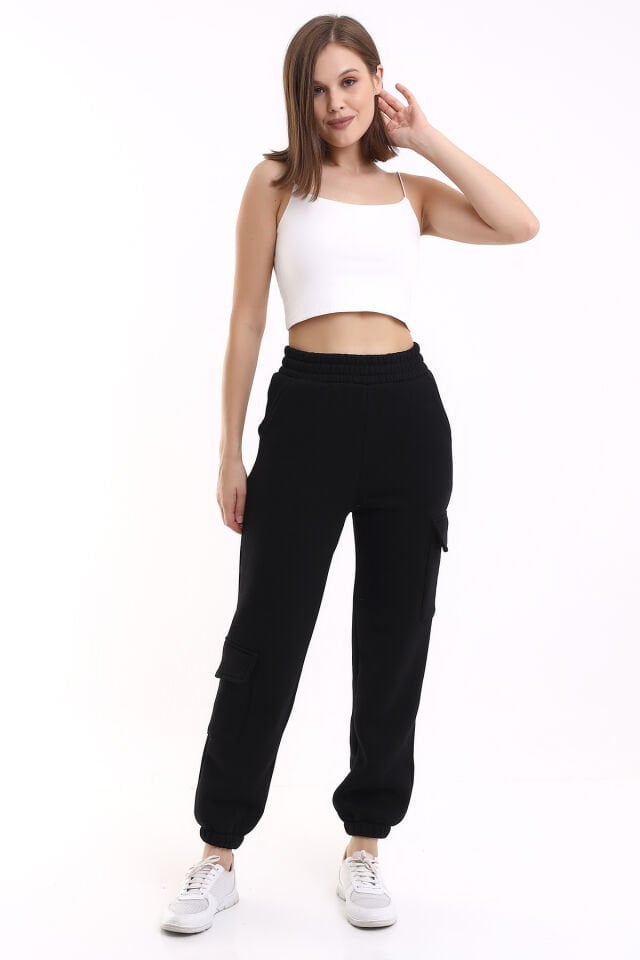 MODERN JOGGER KADIN EŞOFMAN ALTI PAÇA VE YAN KARGO CEPLİ XL - SİYAH