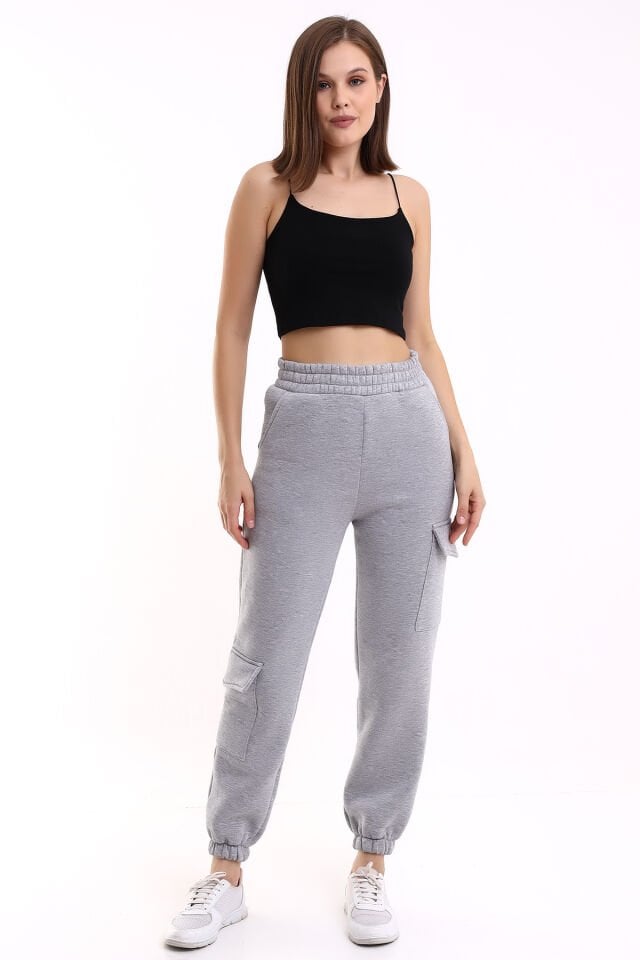 MODERN JOGGER KADIN EŞOFMAN ALTI PAÇA VE YAN KARGO CEPLİ M - GRİ