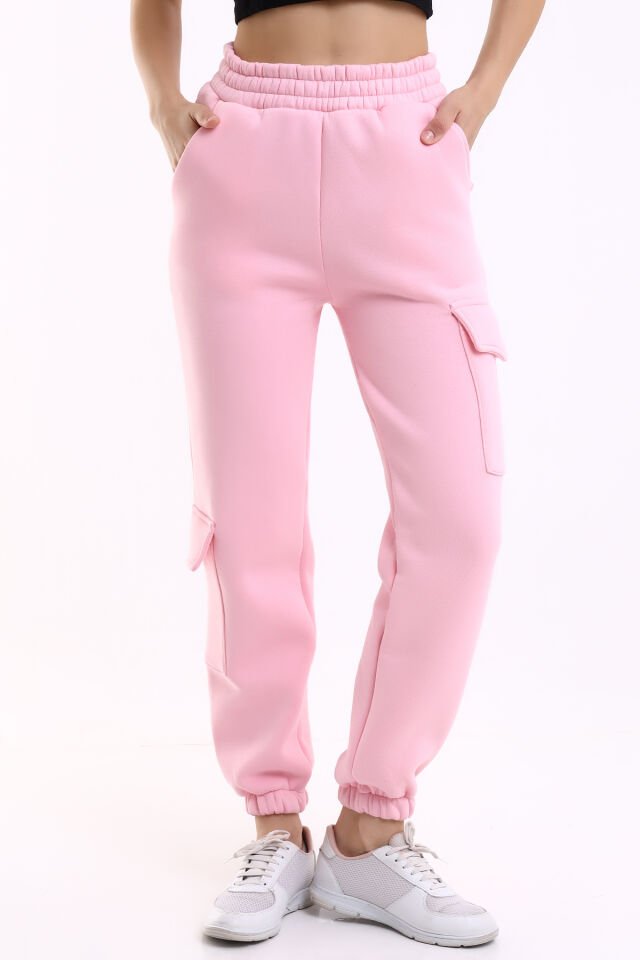 MODERN JOGGER KADIN EŞOFMAN ALTI PAÇA VE YAN KARGO CEPLİ S - PEMBE