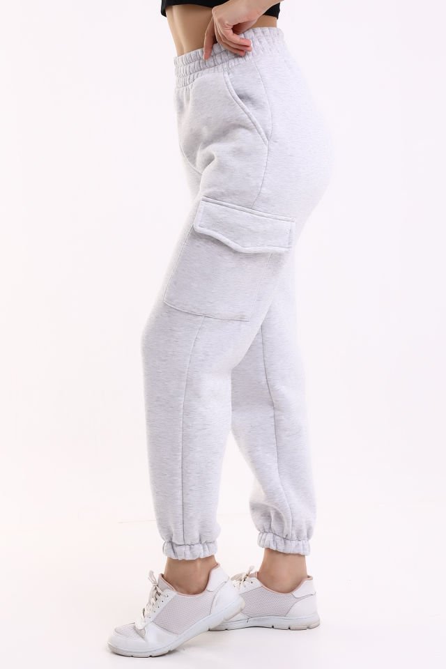 MODERN JOGGER KADIN EŞOFMAN ALTI PAÇA VE YAN KARGO CEPLİ S - Açık Gri