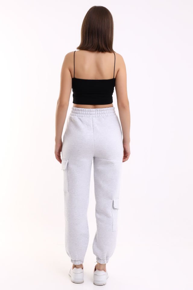 MODERN JOGGER KADIN EŞOFMAN ALTI PAÇA VE YAN KARGO CEPLİ S - Açık Gri