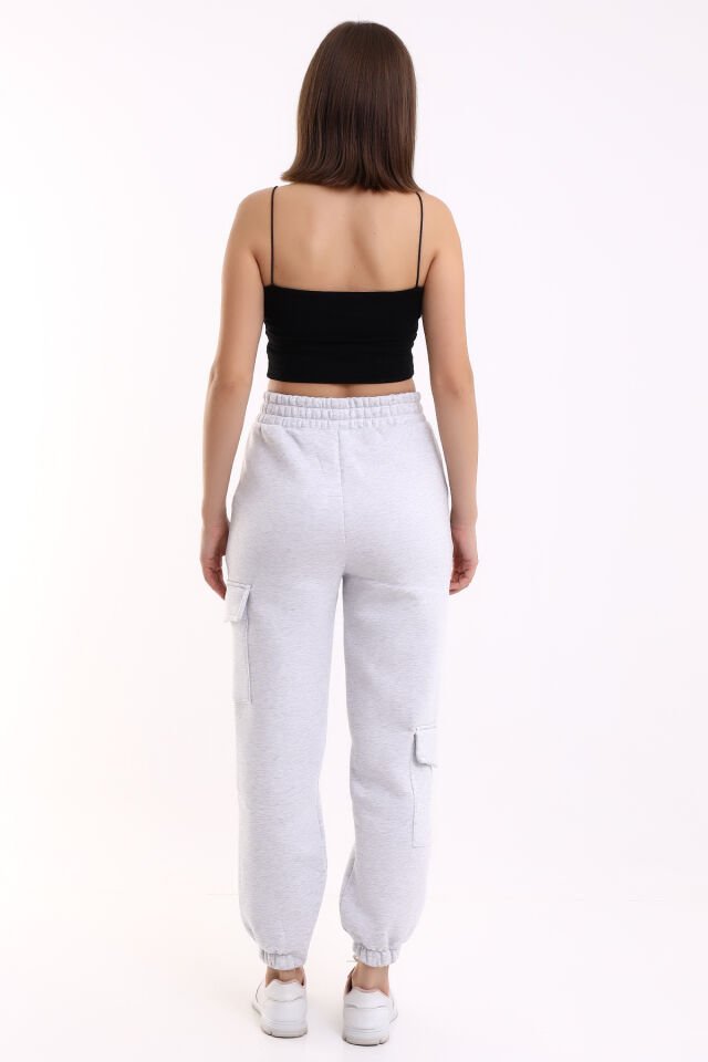 MODERN JOGGER KADIN EŞOFMAN ALTI PAÇA VE YAN KARGO CEPLİ XL - Açık Gri