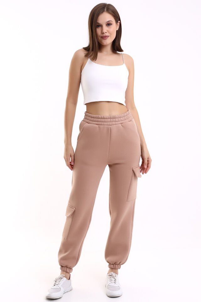 MODERN JOGGER KADIN EŞOFMAN ALTI PAÇA VE YAN KARGO CEPLİ XS - SÜTLÜ KAHVE