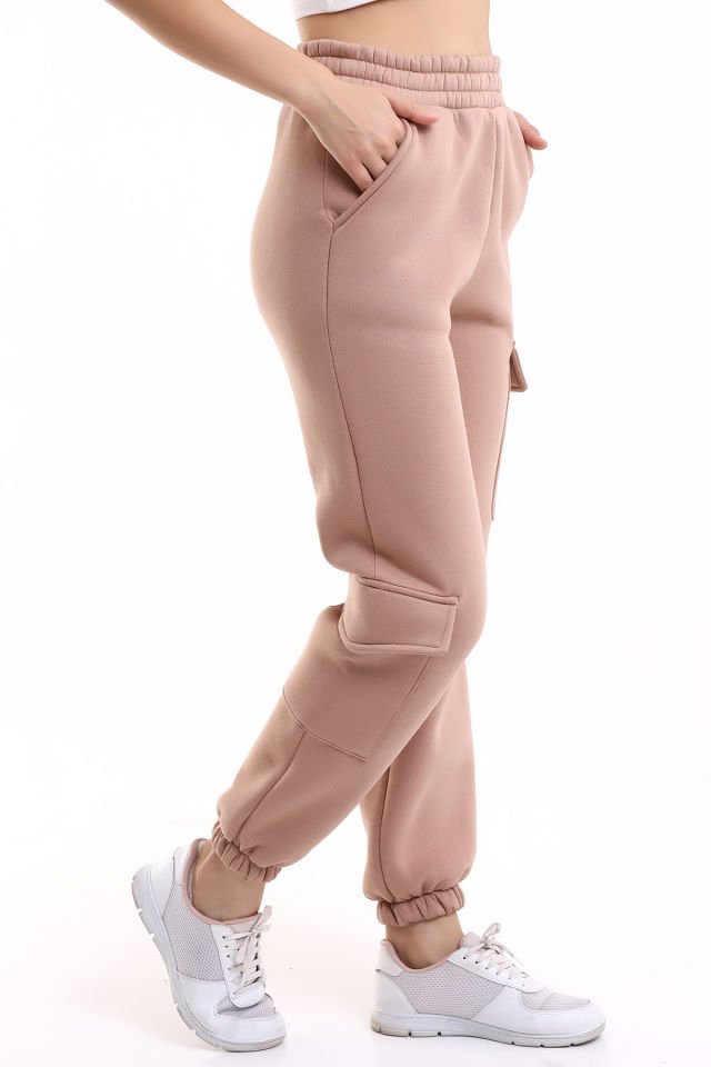 MODERN JOGGER KADIN EŞOFMAN ALTI PAÇA VE YAN KARGO CEPLİ XL - SÜTLÜ KAHVE