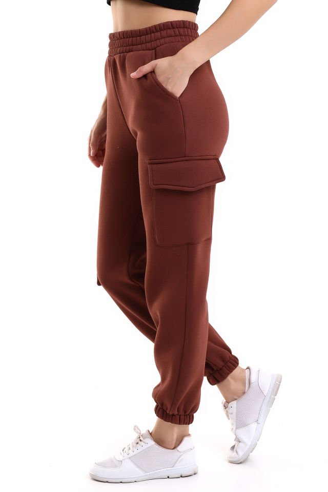 MODERN JOGGER KADIN EŞOFMAN ALTI PAÇA VE YAN KARGO CEPLİ M - ACI KAHVE