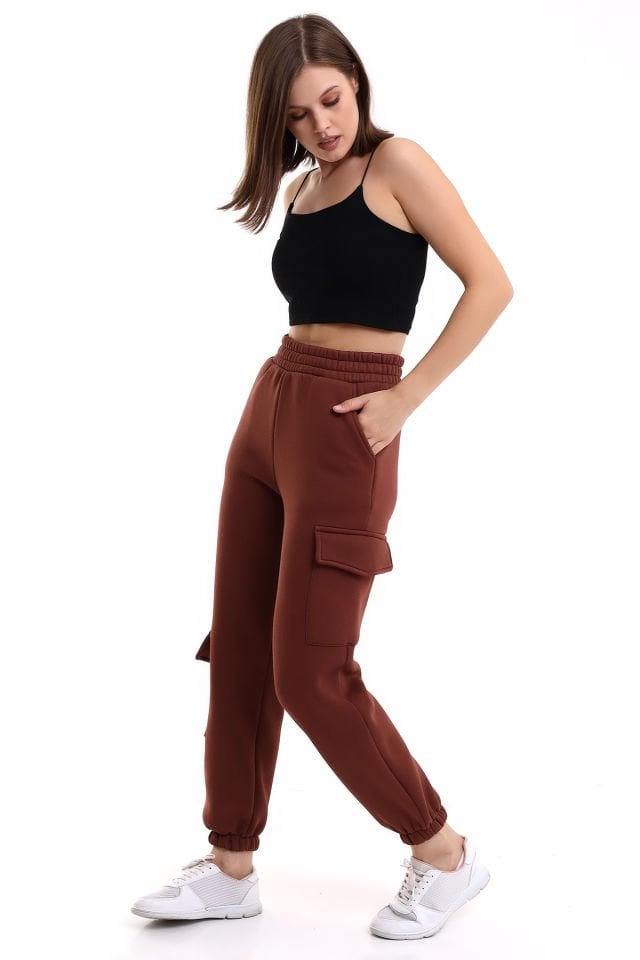 MODERN JOGGER KADIN EŞOFMAN ALTI PAÇA VE YAN KARGO CEPLİ XL - ACI KAHVE