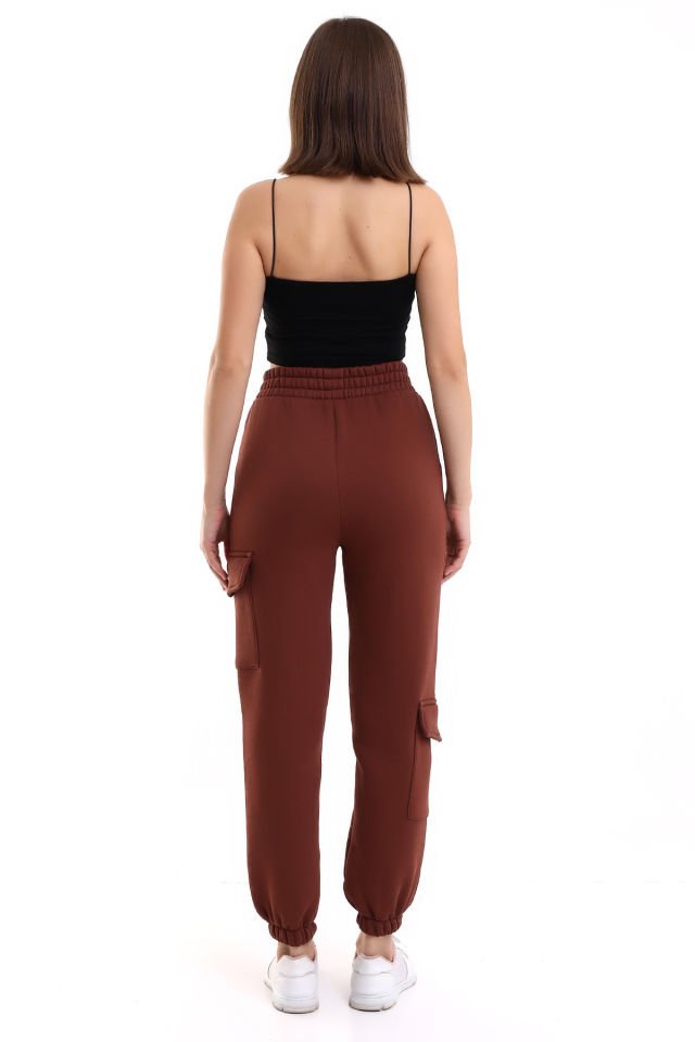MODERN JOGGER KADIN EŞOFMAN ALTI PAÇA VE YAN KARGO CEPLİ XL - ACI KAHVE