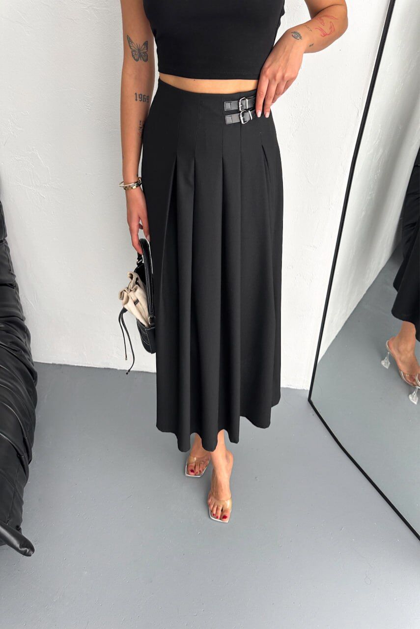 ETEK-TOKALI VE YIRTMAÇLI PİLELİ UZUN ETEK SİYAH RENGİ /MAX UZUN ETEK XL