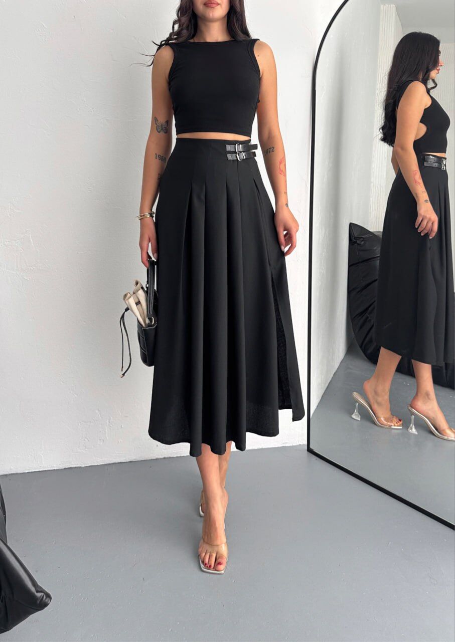 ETEK-TOKALI VE YIRTMAÇLI PİLELİ UZUN ETEK SİYAH RENGİ /MAX UZUN ETEK XL