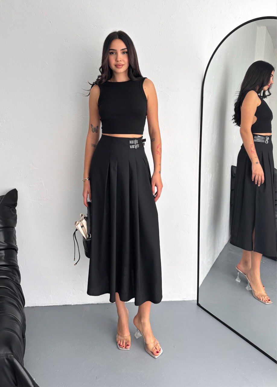 ETEK-TOKALI VE YIRTMAÇLI PİLELİ UZUN ETEK SİYAH RENGİ /MAX UZUN ETEK XL